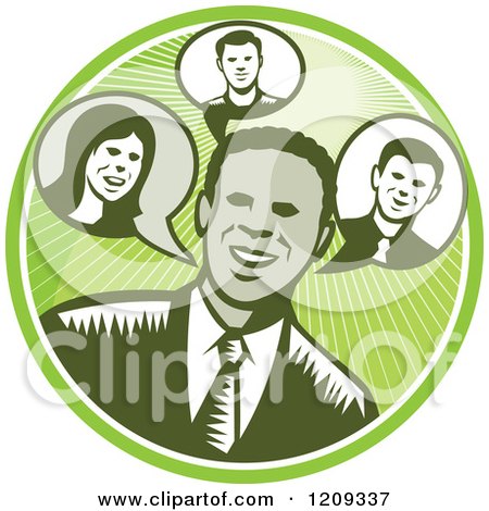 Clipart of a Retro Woodcut Businessman in a Green Sunny Circle - Royalty Free Vector Illustration by patrimonio