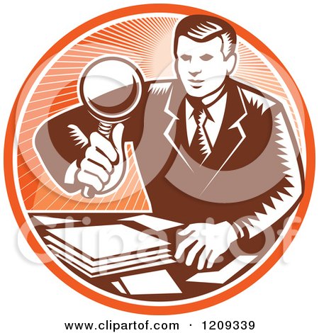 Clipart of a Retro Woodut Businessman Inspecting Documents with a Magnifying Glass in an Orange Circle - Royalty Free Vector Illustration by patrimonio