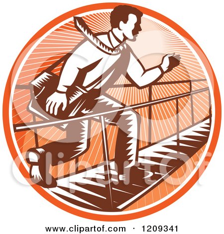 Clipart of a Retro Woodcut Businessman Running Across a Foot Bridge in an Orange Sunny Circle - Royalty Free Vector Illustration by patrimonio