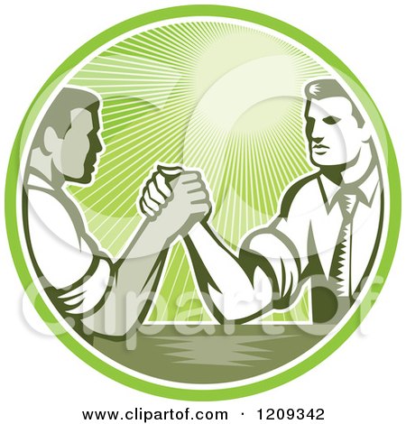 Clipart of Retro Woodcut Competitive Businessmen Arm Wrestling in a Green Sunny Circle - Royalty Free Vector Illustration by patrimonio