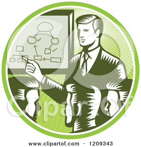 Clipart of Retro Woodcut Businessmen Holding a Networking Meeting in a Green Sunny Circle - Royalty Free Vector Illustration by patrimonio