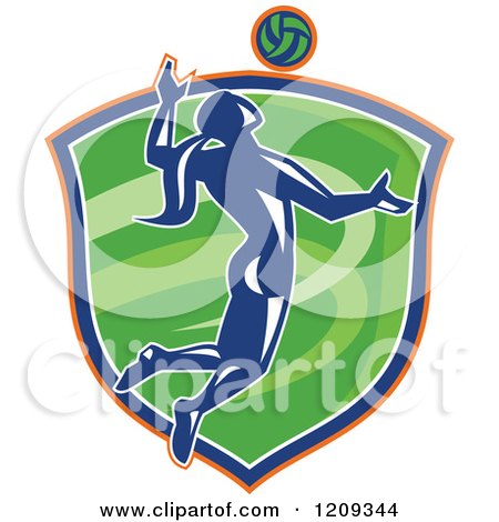 Clipart of a Silhouetted Retro Female Volleyball Player Jumping over a Green Shield - Royalty Free Vector Illustration by patrimonio