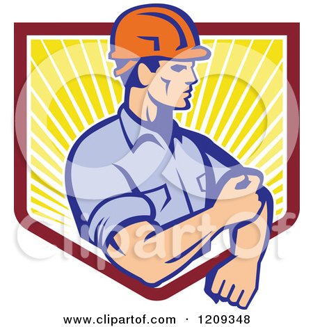 Clipart of a Retro Construction Worker Rolling up His Sleeves over a Sunny Shield - Royalty Free Vector Illustration by patrimonio
