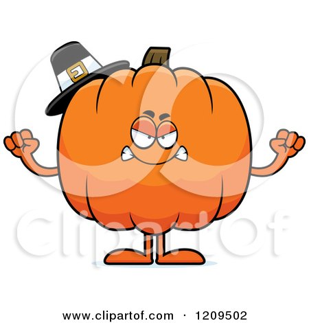 Cartoon of a Mad Pilgrim Pumpkin Mascot Holding up Fists - Royalty Free Vector Clipart by Cory Thoman