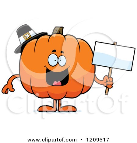 Cartoon of a Happy Pilgrim Pumpkin Mascot Holding a Sign - Royalty Free Vector Clipart by Cory Thoman