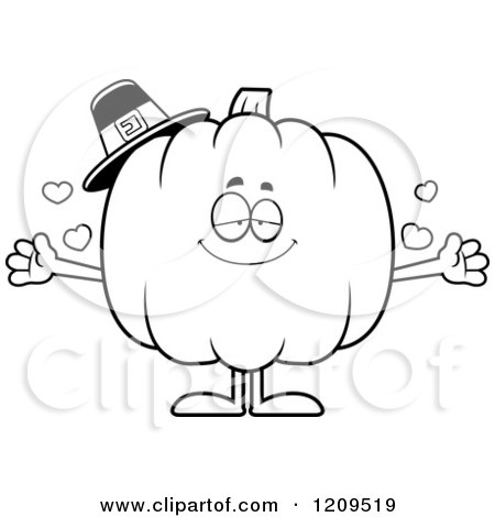 Cartoon of a Black and White Loving Pilgrim Pumpkin Mascot Wanting a Hug - Royalty Free Vector Clipart by Cory Thoman