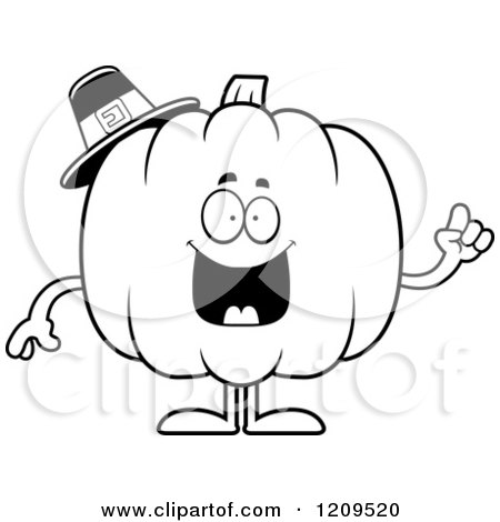 Cartoon of a Black and White Smart Pilgrim Pumpkin Mascot Holding up a Finger - Royalty Free Vector Clipart by Cory Thoman