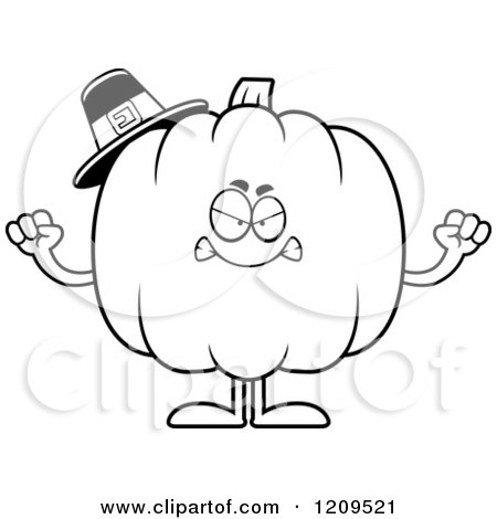 Cartoon of a Black and White Mad Pilgrim Pumpkin Mascot Holding up Fists - Royalty Free Vector Clipart by Cory Thoman