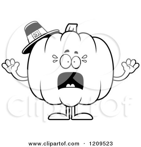 Cartoon of a Black and White Scared Pilgrim Pumpkin Mascot Screaming - Royalty Free Vector Clipart by Cory Thoman