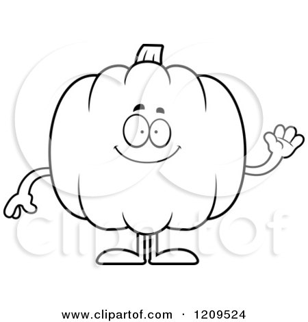 Cartoon of a Black and White Friendly Pumpkin Mascot Waving - Royalty Free Vector Clipart by Cory Thoman