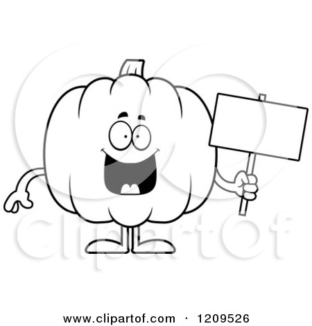 Cartoon of a Black and White Happy Pumpkin Mascot Holding a Sign - Royalty Free Vector Clipart by Cory Thoman