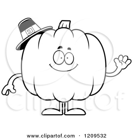 Cartoon of a Black and White Friendly Pilgrim Pumpkin Mascot Waving - Royalty Free Vector Clipart by Cory Thoman