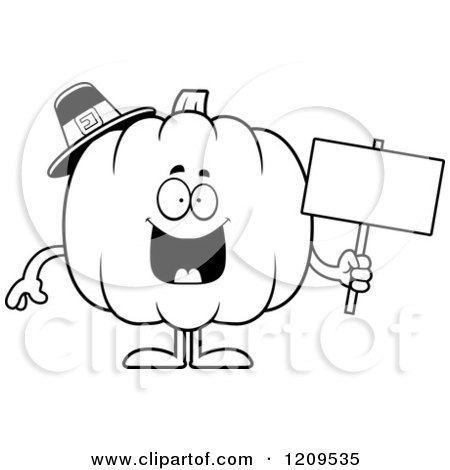 Cartoon of a Black and White Happy Pilgrim Pumpkin Mascot Holding a Sign - Royalty Free Vector Clipart by Cory Thoman