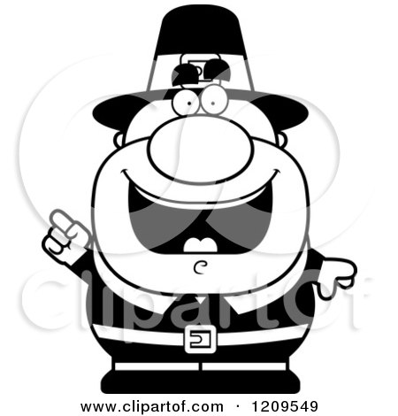 Cartoon of a Black and White Smart Male Pilgrim Man with an Idea - Royalty Free Vector Clipart by Cory Thoman