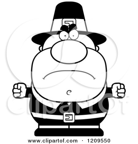 Cartoon of a Black and White Mad Male Pilgrim Man with Balled Fists - Royalty Free Vector Clipart by Cory Thoman