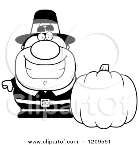 Cartoon of a Black and White Happy Male Pilgrim Man with a Pumpkin - Royalty Free Vector Clipart by Cory Thoman