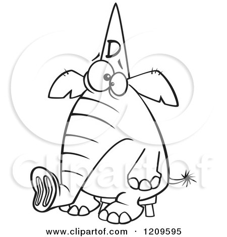 Cartoon of a Black and White Dumb Elephant Sitting on a Stool and Wearing a Dunce Hat - Royalty Free Vector Clipart by toonaday