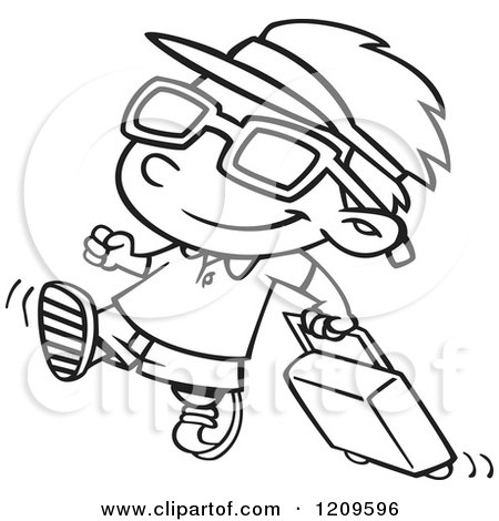 Cartoon of a Black and White Happy Boy Pulling Luggage and Ready for Vacation - Royalty Free Vector Clipart by toonaday