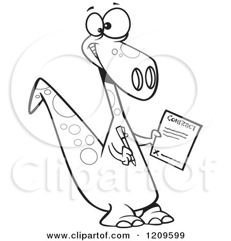 Cartoon of a Black and White Happy Dinosaur Holding a Contract - Royalty Free Vector Clipart by toonaday