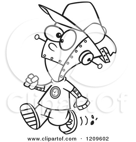 Cartoon of a Black and White Robot Boy Walking - Royalty Free Vector Clipart by toonaday