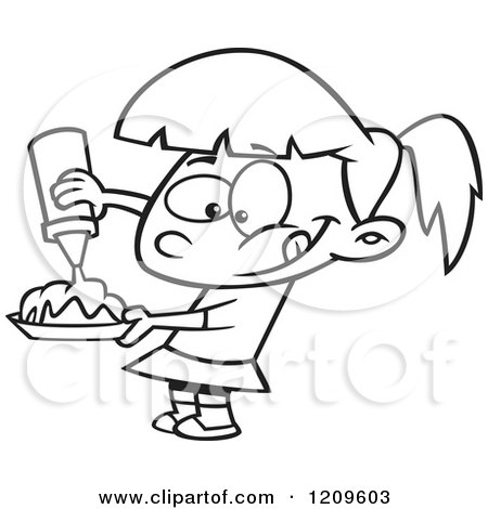 Cartoon of a Black and White Hungry Girl Pouring Syrup on Her Food - Royalty Free Vector Clipart by toonaday