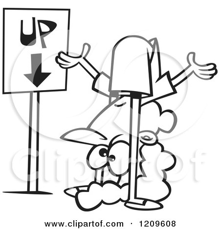 Cartoon of a Black and White Confused Woman Contorting Her Body by an up down Sign - Royalty Free Vector Clipart by toonaday