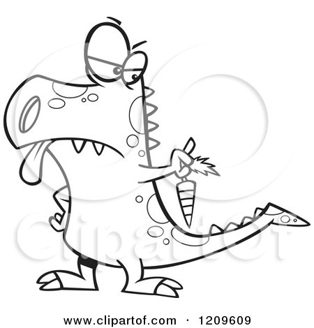 Cartoon of a Black and White Disgusted Dinosaur Holding out a Carrot - Royalty Free Vector Clipart by toonaday