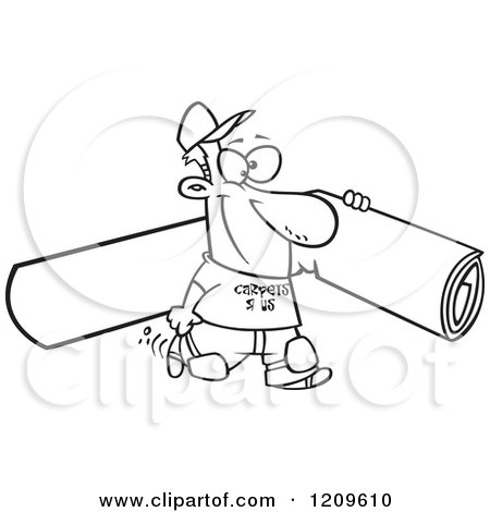 Cartoon of a Black and White Happy Carpet Layer Man Carrying a Rolled Piece - Royalty Free Vector Clipart by toonaday