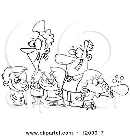 Cartoon of a Black and White Happy Family of Five - Royalty Free Vector Clipart by toonaday