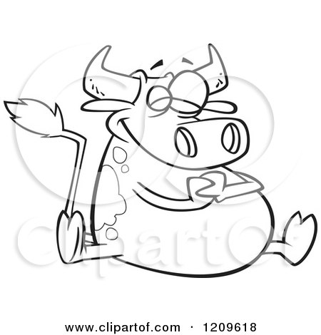 Cartoon of a Black and White Happy Fat Cow Sitting - Royalty Free Vector Clipart by toonaday