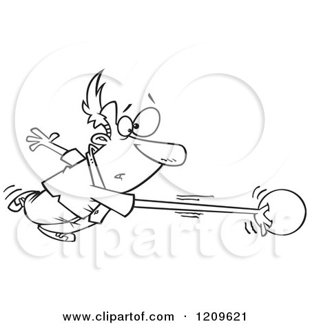 Cartoon of a Black and White Man's Arm Stretching and Going with a Bowling Ball - Royalty Free Vector Clipart by toonaday