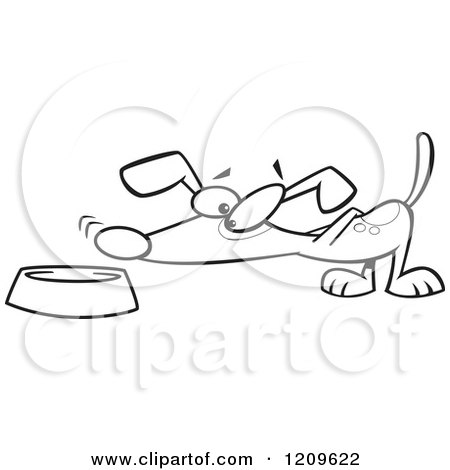 Cartoon of a Black and White Dog Sniffing Food in a Bowl - Royalty Free Vector Clipart by toonaday