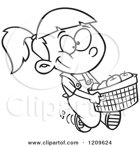 Cartoon of a Black and White Happy Girl Carrying a Bushel of Apples - Royalty Free Vector Clipart by toonaday