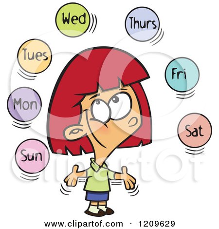 Cartoon of a Happy Red Haired White Girl Learning the Days of the Week - Royalty Free Vector Clipart by toonaday
