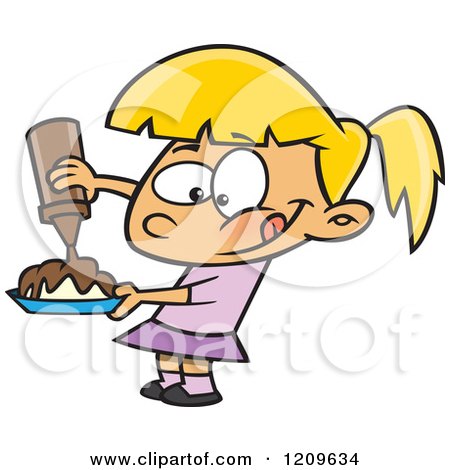 Cartoon of a Hungry Blond Girl Pouring Chocolate Syrup on Her Food - Royalty Free Vector Clipart by toonaday