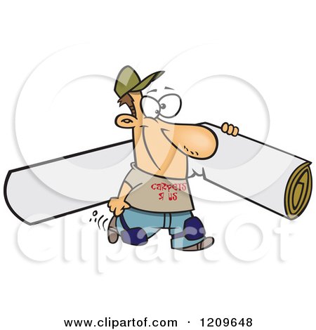 Cartoon of a Happy Caucasian Carpet Layer Man Carrying a Rolled Piece - Royalty Free Vector Clipart by toonaday