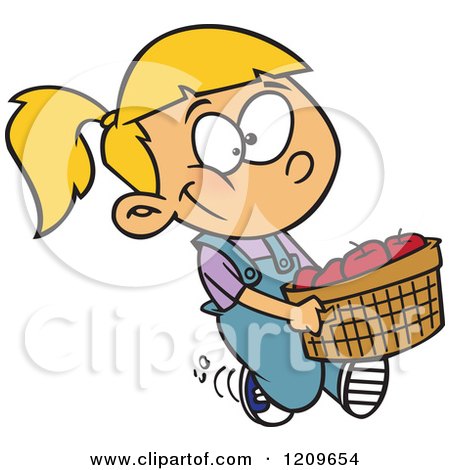 Cartoon of a Happy Blond White Girl Carrying a Bushel of Apples - Royalty Free Vector Clipart by toonaday