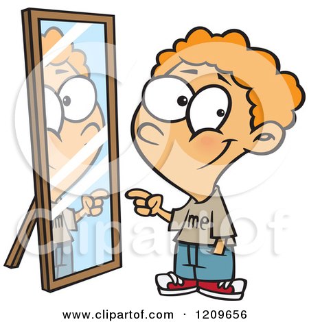Cartoon of a Happy Boy Pointing to His Reflection in the Mirror - Royalty Free Vector Clipart by toonaday