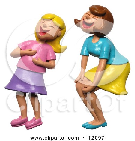 Clay sculpture of a mother and daughter doubled over laughing Clipart Picture by Amy Vangsgard