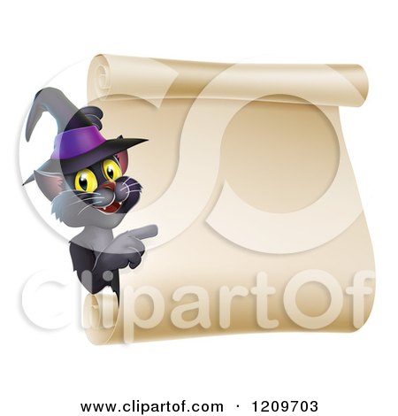 Cartoon of a Black Cat Wearing a Witch Hat and Pointing to a Halloween Scroll Sign - Royalty Free Vector Clipart by AtStockIllustration