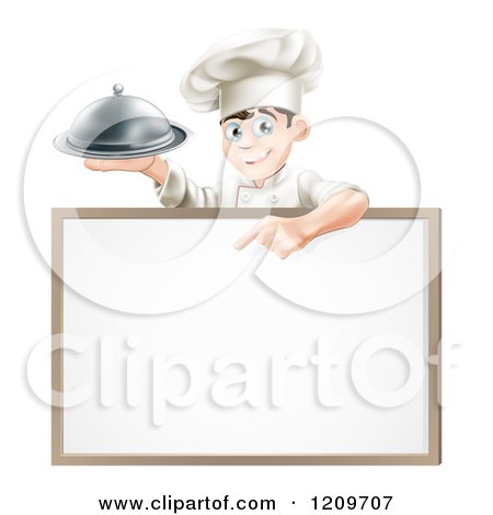 Cartoon of a Happy Young Chef Holding a Platter and Pointing down at a White Board Sign - Royalty Free Vector Clipart by AtStockIllustration