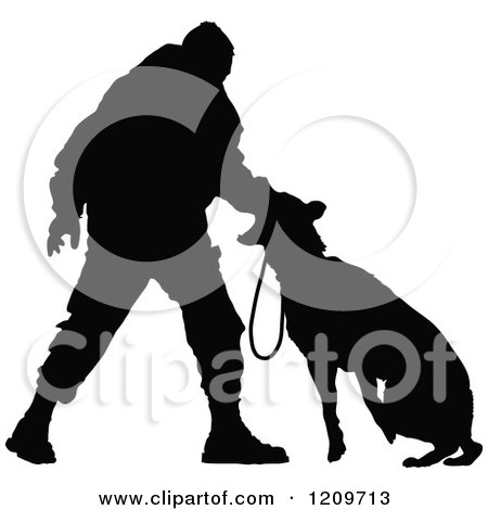 Clipart of a Black Silhouetted Police Officer Training with His K9 Dog - Royalty Free Vector Illustration by Maria Bell