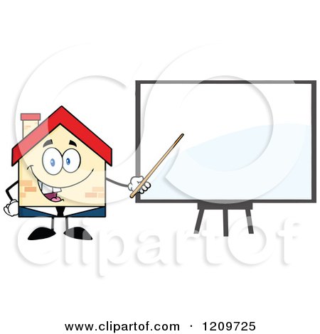Cartoon of a Happy Home Businessman Mascot Presenting a Blank Board - Royalty Free Vector Clipart by Hit Toon