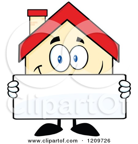 Cartoon of a Happy Home Mascot Holding a Sign - Royalty Free Vector Clipart by Hit Toon
