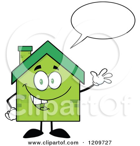 Cartoon of a Happy Green Brick Home Mascot Waving and Talking - Royalty Free Vector Clipart by Hit Toon