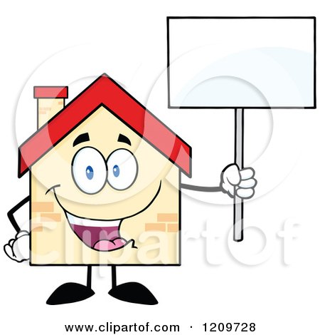 Cartoon of a Happy Home Mascot Holding up a Sign - Royalty Free Vector Clipart by Hit Toon