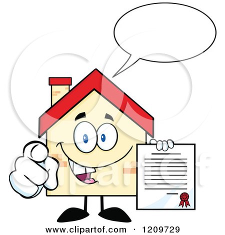 Cartoon of a Happy Home Mascot Talking and Holding a Contract - Royalty Free Vector Clipart by Hit Toon