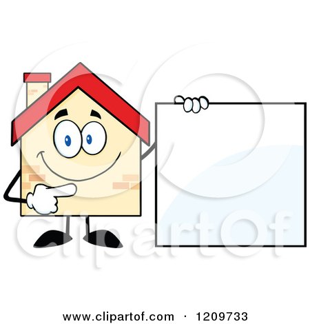 Cartoon of a Happy Home Mascot Pointing to a Sign - Royalty Free Vector Clipart by Hit Toon