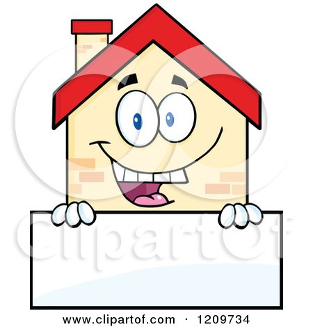 Cartoon of a Happy Home Mascot over a Sign - Royalty Free Vector Clipart by Hit Toon