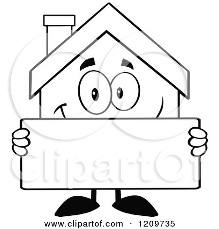 Cartoon of a Black and White Happy Home Mascot Holding a Sign - Royalty Free Vector Clipart by Hit Toon